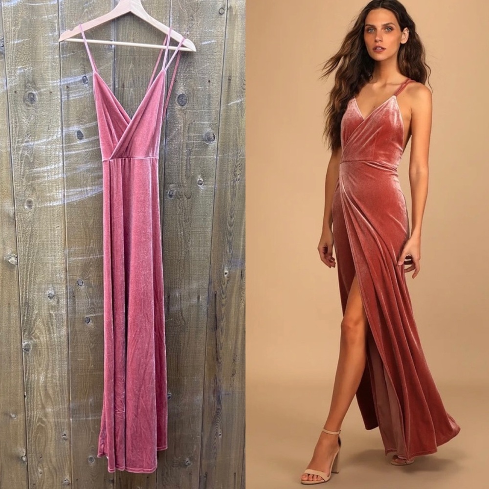 Blush Mauve Velvet Asymmetric Faux-Wrap Maxi Dress 🌿